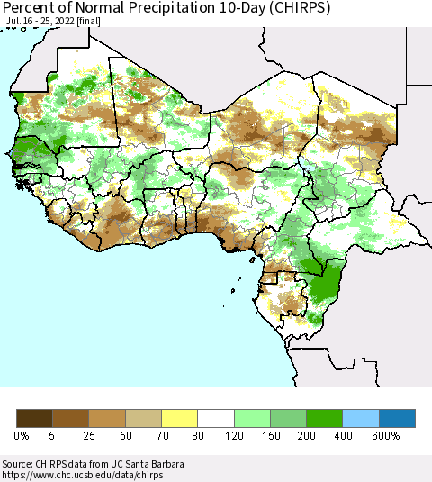 Western Africa Percent of Normal Precipitation 10-Day (CHIRPS) Thematic Map For 7/16/2022 - 7/25/2022