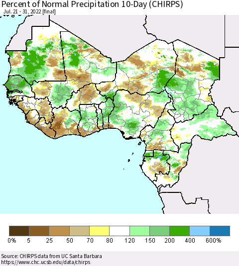 Western Africa Percent of Normal Precipitation 10-Day (CHIRPS) Thematic Map For 7/21/2022 - 7/31/2022
