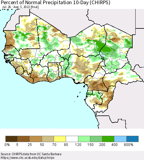Western Africa Percent of Normal Precipitation 10-Day (CHIRPS) Thematic Map For 7/26/2022 - 8/5/2022