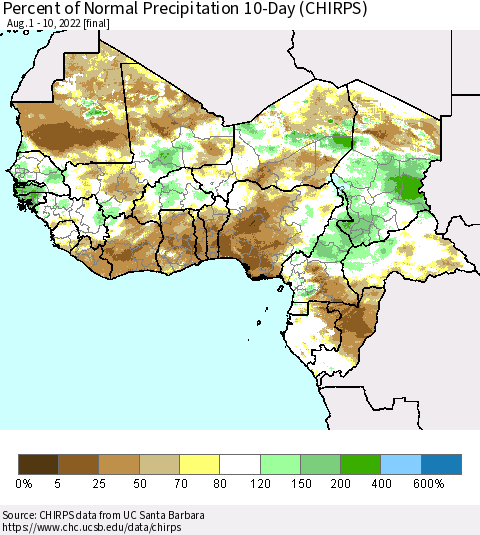 Western Africa Percent of Normal Precipitation 10-Day (CHIRPS) Thematic Map For 8/1/2022 - 8/10/2022