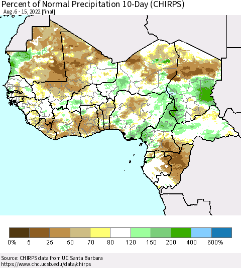 Western Africa Percent of Normal Precipitation 10-Day (CHIRPS) Thematic Map For 8/6/2022 - 8/15/2022