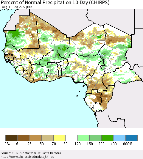 Western Africa Percent of Normal Precipitation 10-Day (CHIRPS) Thematic Map For 8/11/2022 - 8/20/2022