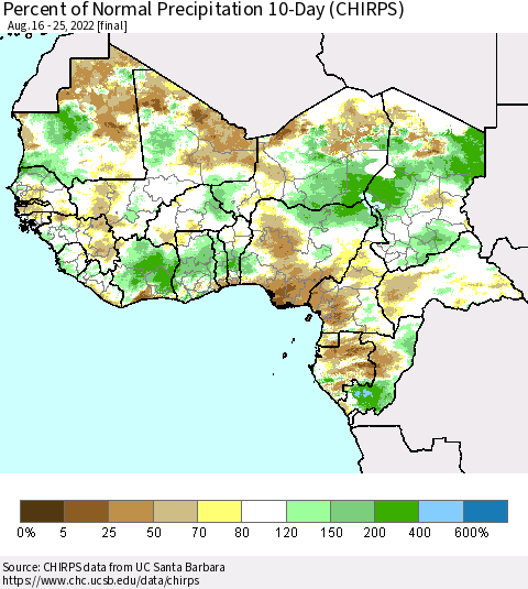Western Africa Percent of Normal Precipitation 10-Day (CHIRPS) Thematic Map For 8/16/2022 - 8/25/2022
