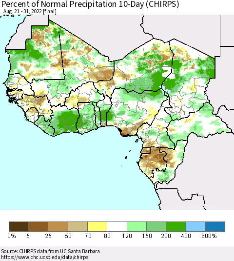 Western Africa Percent of Normal Precipitation 10-Day (CHIRPS) Thematic Map For 8/21/2022 - 8/31/2022