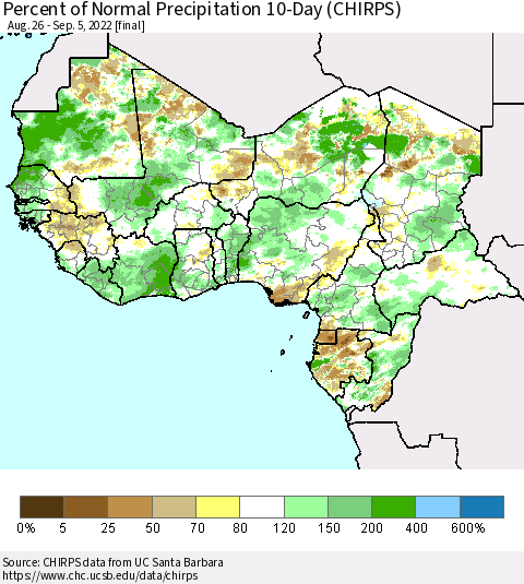 Western Africa Percent of Normal Precipitation 10-Day (CHIRPS) Thematic Map For 8/26/2022 - 9/5/2022