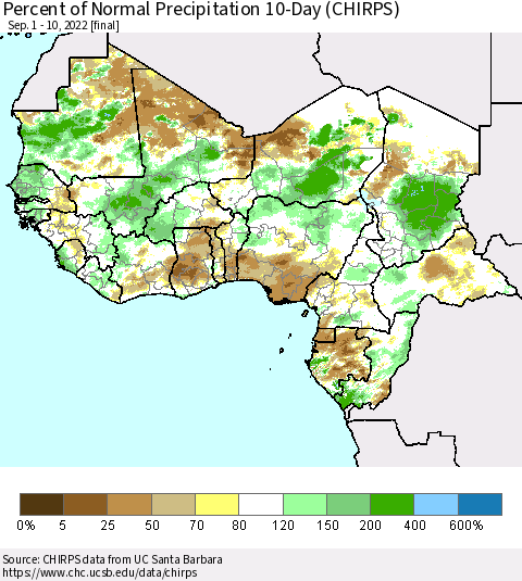 Western Africa Percent of Normal Precipitation 10-Day (CHIRPS) Thematic Map For 9/1/2022 - 9/10/2022
