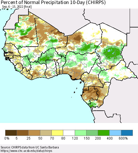 Western Africa Percent of Normal Precipitation 10-Day (CHIRPS) Thematic Map For 9/6/2022 - 9/15/2022