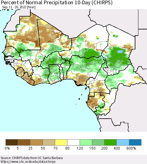 Western Africa Percent of Normal Precipitation 10-Day (CHIRPS) Thematic Map For 9/11/2022 - 9/20/2022