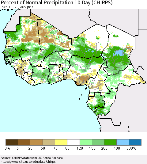 Western Africa Percent of Normal Precipitation 10-Day (CHIRPS) Thematic Map For 9/16/2022 - 9/25/2022