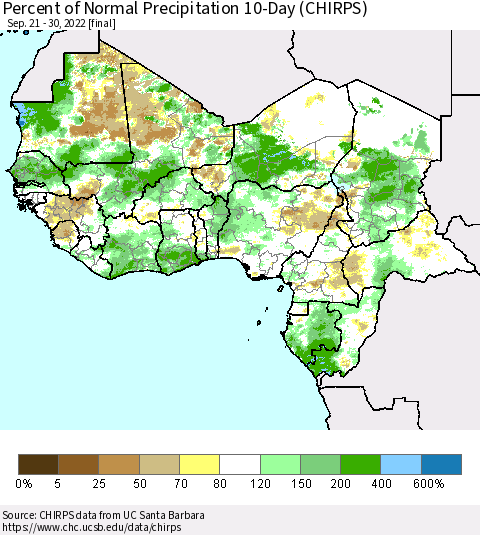 Western Africa Percent of Normal Precipitation 10-Day (CHIRPS) Thematic Map For 9/21/2022 - 9/30/2022
