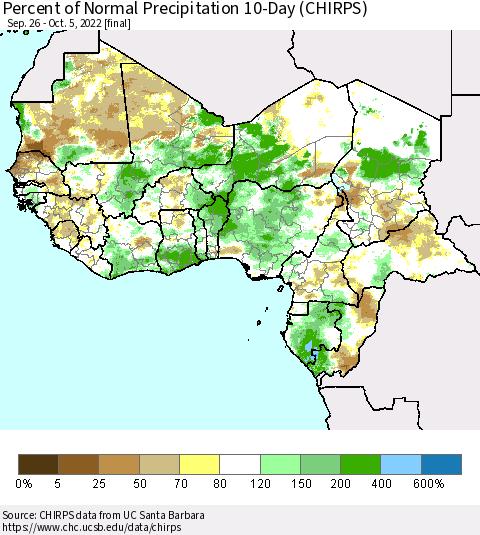 Western Africa Percent of Normal Precipitation 10-Day (CHIRPS) Thematic Map For 9/26/2022 - 10/5/2022