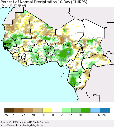 Western Africa Percent of Normal Precipitation 10-Day (CHIRPS) Thematic Map For 10/1/2022 - 10/10/2022