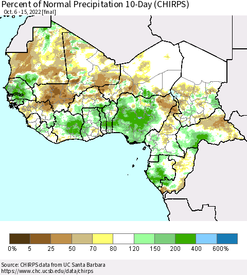 Western Africa Percent of Normal Precipitation 10-Day (CHIRPS) Thematic Map For 10/6/2022 - 10/15/2022