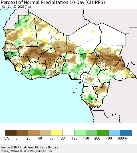 Western Africa Percent of Normal Precipitation 10-Day (CHIRPS) Thematic Map For 10/11/2022 - 10/20/2022