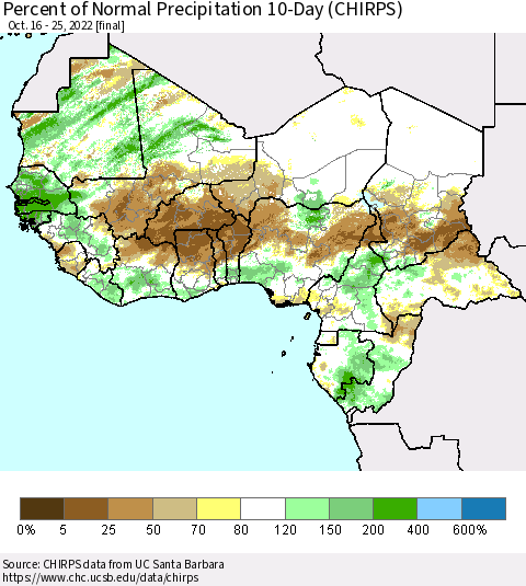 Western Africa Percent of Normal Precipitation 10-Day (CHIRPS) Thematic Map For 10/16/2022 - 10/25/2022