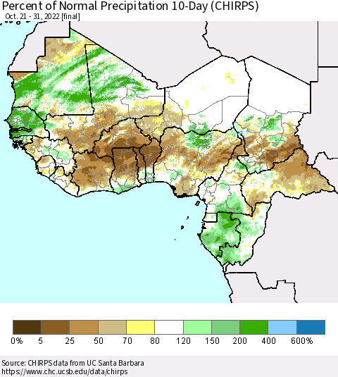 Western Africa Percent of Normal Precipitation 10-Day (CHIRPS) Thematic Map For 10/21/2022 - 10/31/2022