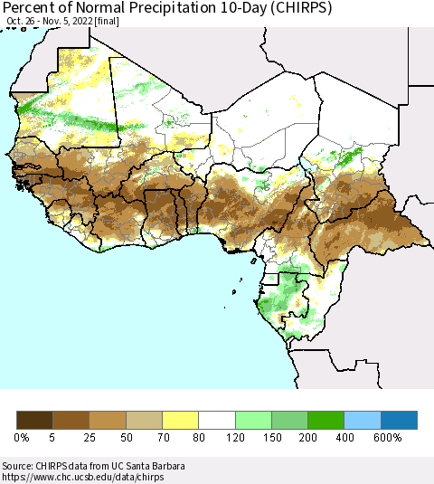 Western Africa Percent of Normal Precipitation 10-Day (CHIRPS) Thematic Map For 10/26/2022 - 11/5/2022