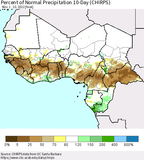 Western Africa Percent of Normal Precipitation 10-Day (CHIRPS) Thematic Map For 11/1/2022 - 11/10/2022