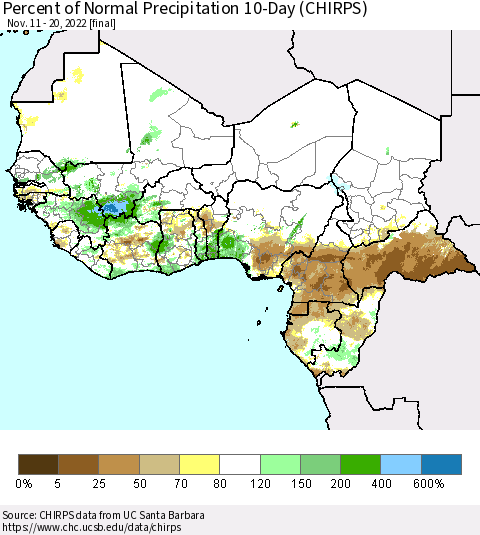 Western Africa Percent of Normal Precipitation 10-Day (CHIRPS) Thematic Map For 11/11/2022 - 11/20/2022