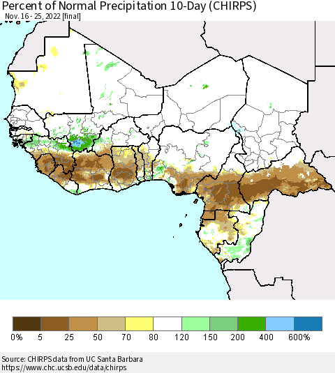 Western Africa Percent of Normal Precipitation 10-Day (CHIRPS) Thematic Map For 11/16/2022 - 11/25/2022