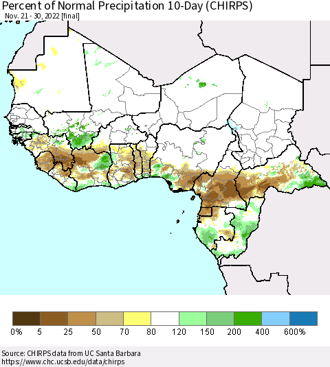 Western Africa Percent of Normal Precipitation 10-Day (CHIRPS) Thematic Map For 11/21/2022 - 11/30/2022
