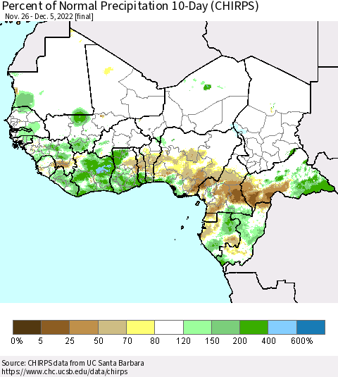 Western Africa Percent of Normal Precipitation 10-Day (CHIRPS) Thematic Map For 11/26/2022 - 12/5/2022