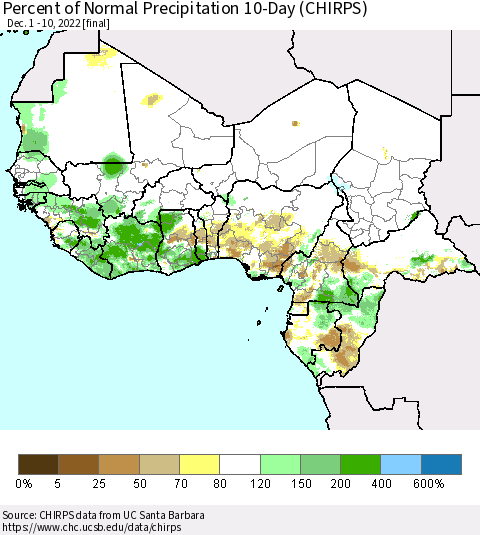 Western Africa Percent of Normal Precipitation 10-Day (CHIRPS) Thematic Map For 12/1/2022 - 12/10/2022