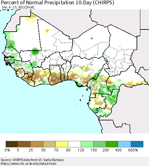 Western Africa Percent of Normal Precipitation 10-Day (CHIRPS) Thematic Map For 12/6/2022 - 12/15/2022