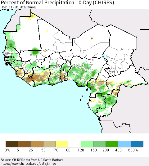 Western Africa Percent of Normal Precipitation 10-Day (CHIRPS) Thematic Map For 12/11/2022 - 12/20/2022