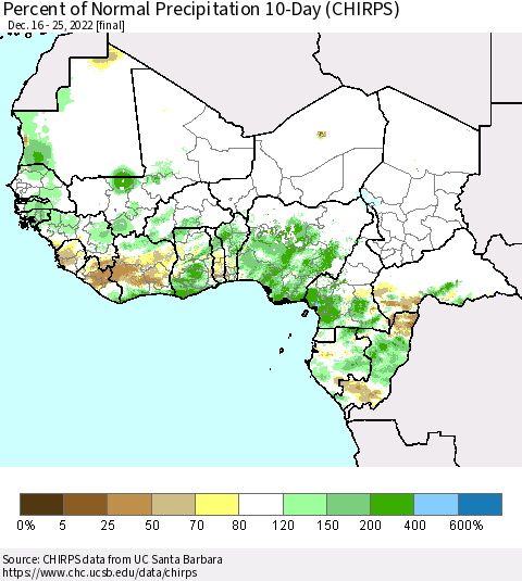 Western Africa Percent of Normal Precipitation 10-Day (CHIRPS) Thematic Map For 12/16/2022 - 12/25/2022