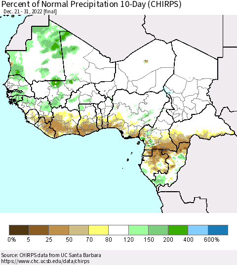 Western Africa Percent of Normal Precipitation 10-Day (CHIRPS) Thematic Map For 12/21/2022 - 12/31/2022