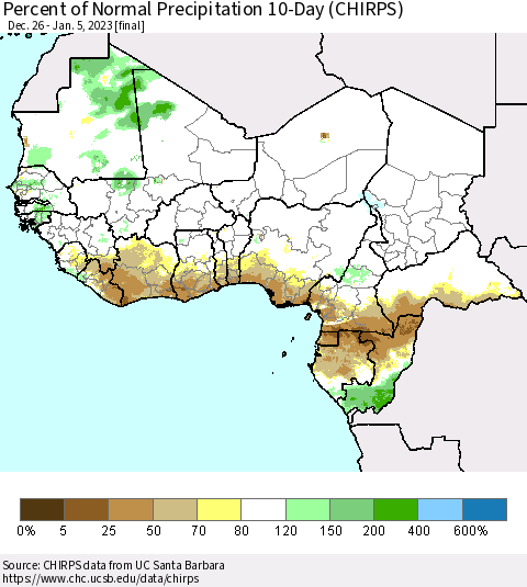 Western Africa Percent of Normal Precipitation 10-Day (CHIRPS) Thematic Map For 12/26/2022 - 1/5/2023