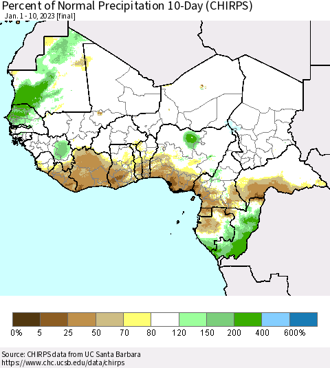 Western Africa Percent of Normal Precipitation 10-Day (CHIRPS) Thematic Map For 1/1/2023 - 1/10/2023