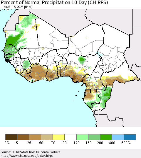 Western Africa Percent of Normal Precipitation 10-Day (CHIRPS) Thematic Map For 1/6/2023 - 1/15/2023