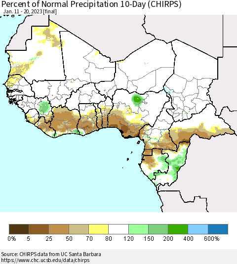 Western Africa Percent of Normal Precipitation 10-Day (CHIRPS) Thematic Map For 1/11/2023 - 1/20/2023