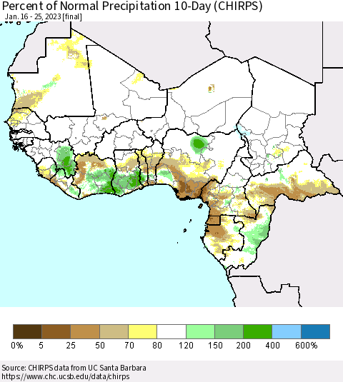 Western Africa Percent of Normal Precipitation 10-Day (CHIRPS) Thematic Map For 1/16/2023 - 1/25/2023