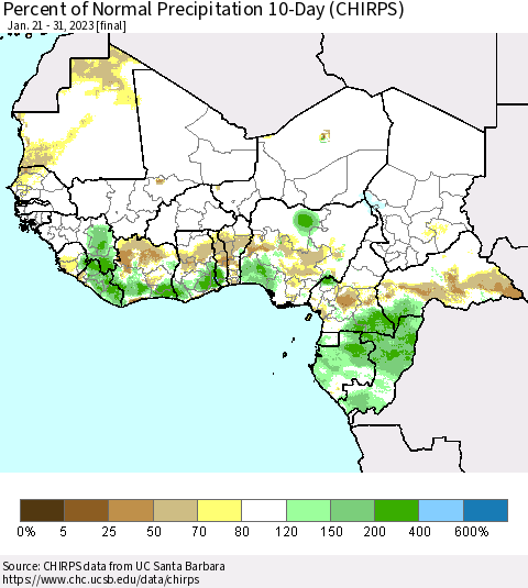 Western Africa Percent of Normal Precipitation 10-Day (CHIRPS) Thematic Map For 1/21/2023 - 1/31/2023