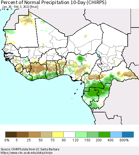 Western Africa Percent of Normal Precipitation 10-Day (CHIRPS) Thematic Map For 1/26/2023 - 2/5/2023