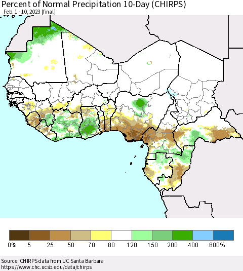 Western Africa Percent of Normal Precipitation 10-Day (CHIRPS) Thematic Map For 2/1/2023 - 2/10/2023