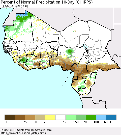 Western Africa Percent of Normal Precipitation 10-Day (CHIRPS) Thematic Map For 2/6/2023 - 2/15/2023
