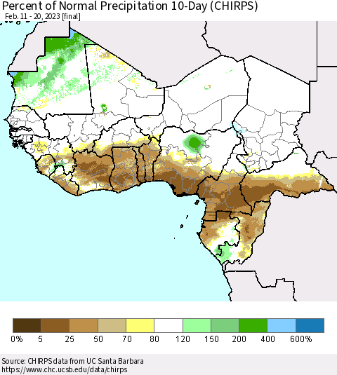 Western Africa Percent of Normal Precipitation 10-Day (CHIRPS) Thematic Map For 2/11/2023 - 2/20/2023