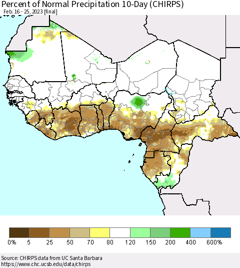 Western Africa Percent of Normal Precipitation 10-Day (CHIRPS) Thematic Map For 2/16/2023 - 2/25/2023