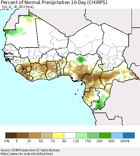 Western Africa Percent of Normal Precipitation 10-Day (CHIRPS) Thematic Map For 2/21/2023 - 2/28/2023