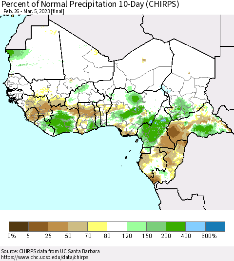 Western Africa Percent of Normal Precipitation 10-Day (CHIRPS) Thematic Map For 2/26/2023 - 3/5/2023