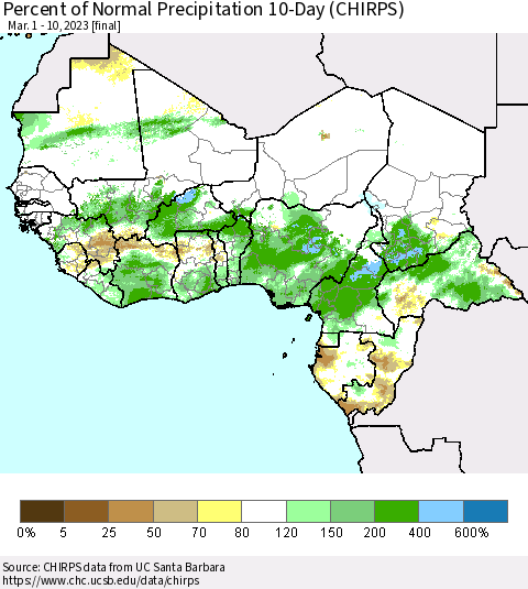 Western Africa Percent of Normal Precipitation 10-Day (CHIRPS) Thematic Map For 3/1/2023 - 3/10/2023
