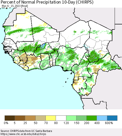 Western Africa Percent of Normal Precipitation 10-Day (CHIRPS) Thematic Map For 3/6/2023 - 3/15/2023