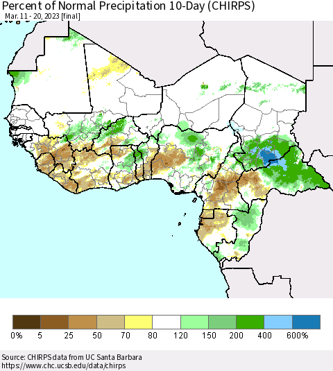 Western Africa Percent of Normal Precipitation 10-Day (CHIRPS) Thematic Map For 3/11/2023 - 3/20/2023