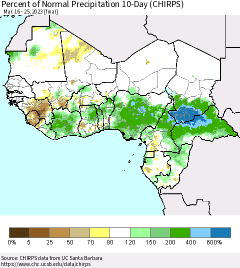 Western Africa Percent of Normal Precipitation 10-Day (CHIRPS) Thematic Map For 3/16/2023 - 3/25/2023