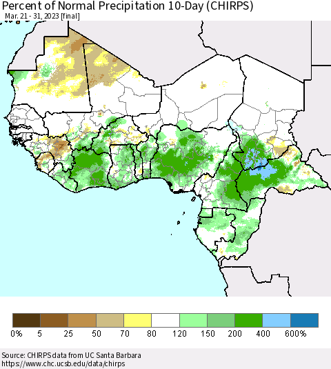 Western Africa Percent of Normal Precipitation 10-Day (CHIRPS) Thematic Map For 3/21/2023 - 3/31/2023