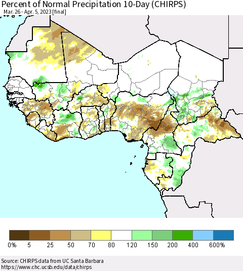 Western Africa Percent of Normal Precipitation 10-Day (CHIRPS) Thematic Map For 3/26/2023 - 4/5/2023